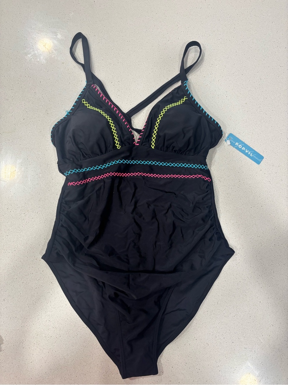 Black One-Piece Swimsuit with Neon Stitching by POPVIL